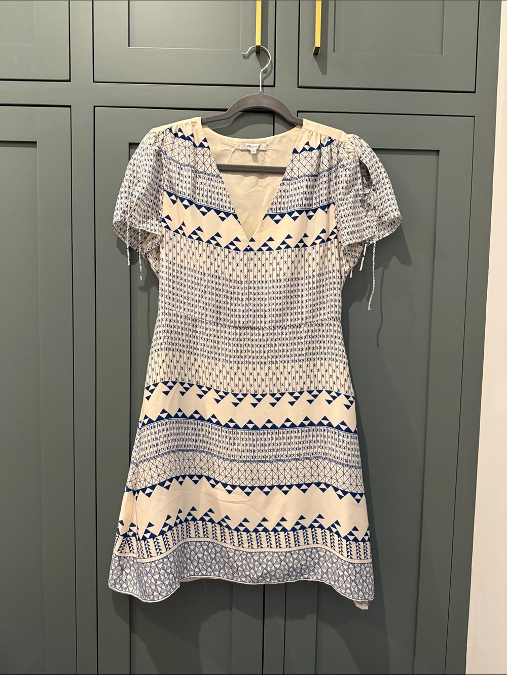 Madewell Cream and Blue Geometric V‑Neck Dress